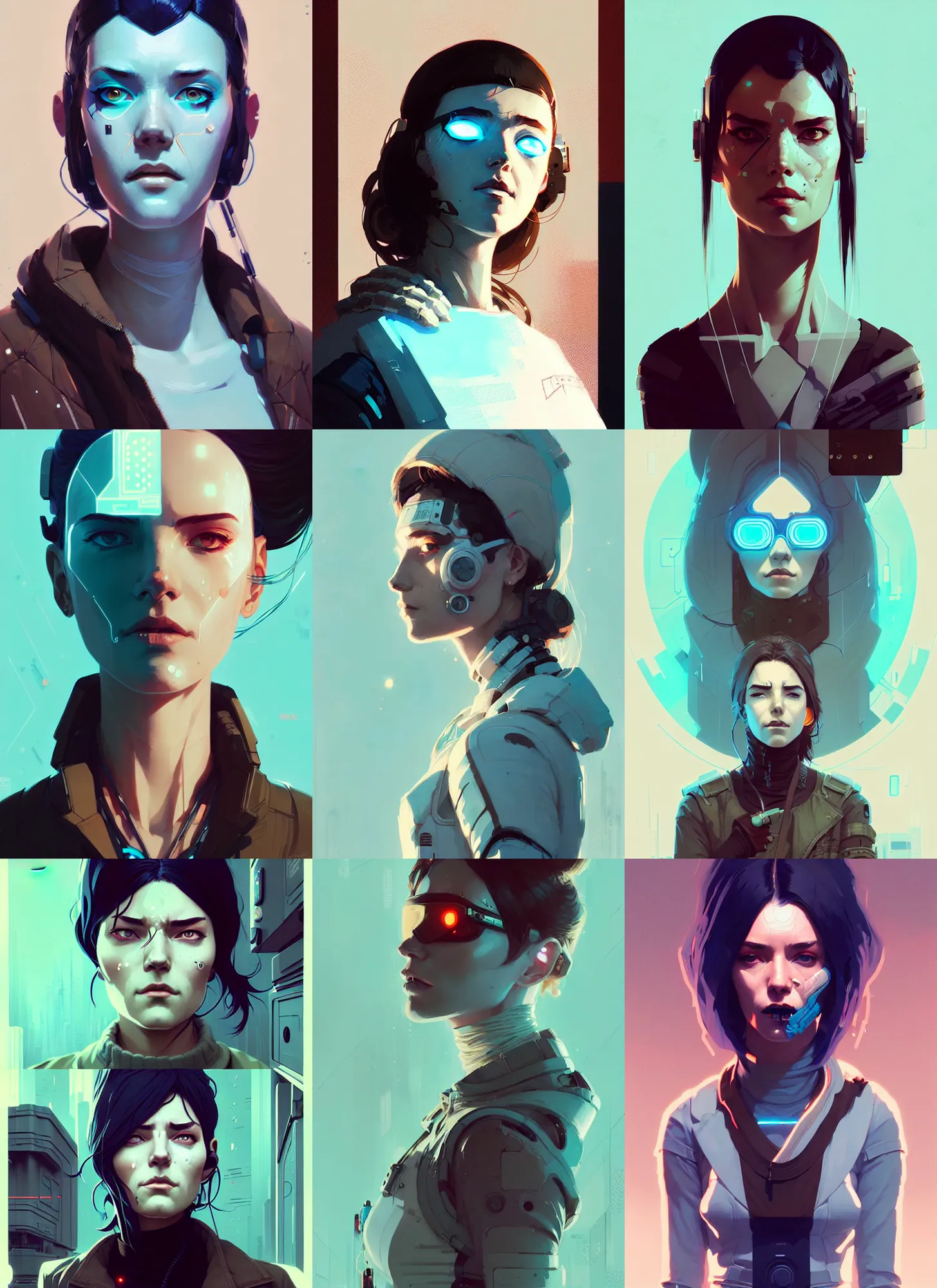 Prompt: highly detailed portrait woman cyberpunk, by atey ghailan, by greg rutkowski, by greg tocchini, by james gilleard, by joe fenton, by kaethe butcher, gradient light blue, brown, blonde cream and white color scheme, grunge aesthetic