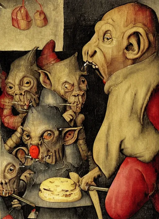 Image similar to medieval goblin eating cakes painted by hieronymus bosch, detailed digital art, trending on Artstation