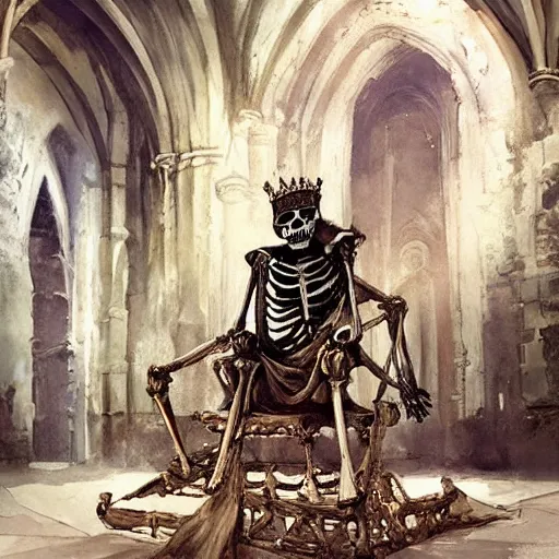 Image similar to Skeleton King wearing ragged clothes resting on a throne inside a cathedral, old castle, oil painting, by Fernanda Suarez and Greg Rutkowski