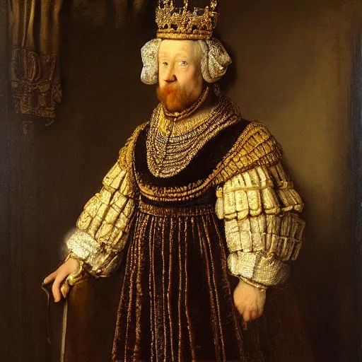 Prompt: An painting portrait of a banana wearing medieval royal robes and an ornate crown, by Rembrandt