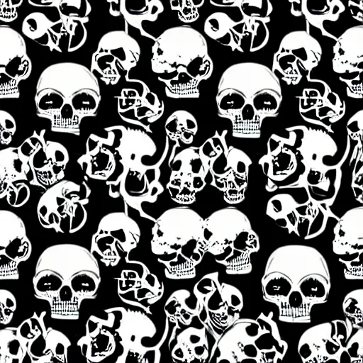 Image similar to seamless pattern showing skulls. black and white, drawing, white background, seamless, ornament.