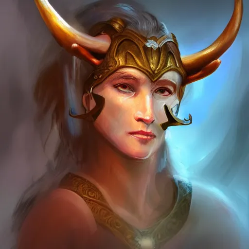 Image similar to fantasy portrait of a kind female Minotaur warrior, concept art, soft lighting