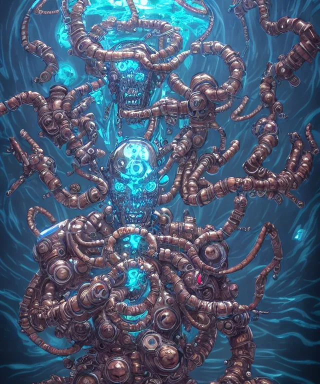 Image similar to a cyborg water demon surrounded by power sigils, centered composition, crisp 8 k line art, digital painting, artstation, unreal engine, octane render, emissive lighting, concept art, matte, sharp focus, hyper realistic lighting, illustration, art by shintaro kago and james jean