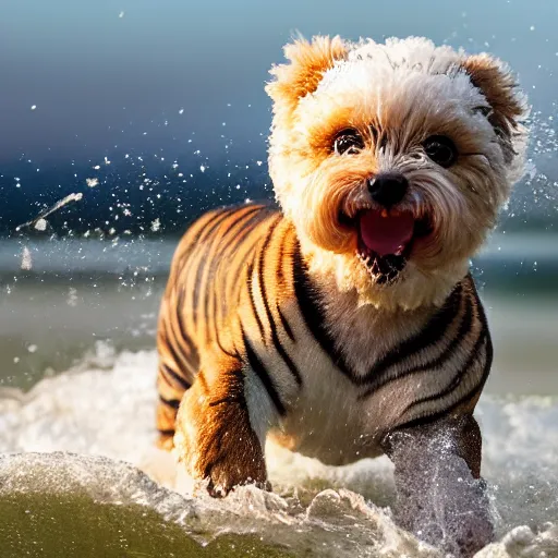 Image similar to a closeup photorealistic photograph of a cute smiling tiger bichon puppy splashing in the surf during sunset. professional capture, well lit shot. this 4 k hd image is trending on artstation, featured on behance, well - rendered, extra crisp, features intricate detail, epic composition and the style of unreal engine.