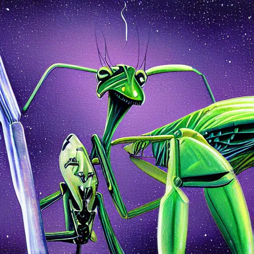 Image similar to biological illustration of mantis - headed bipedal intelligent alien, science fiction, full color, wayne barlow, mike mignogna, douglas netter, - ar 1 8 : 9