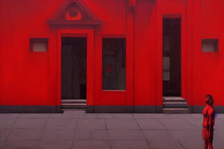 Image similar to only with red, crowd delirious at the sight of a painting, in a city square, in the style of beksinski, parts by edward hopper, parts by rodcenko, parts by yue minjun, intricate and epic composition, red by caravaggio, insanely quality, highly detailed, masterpiece, red light, artstation, 4 k