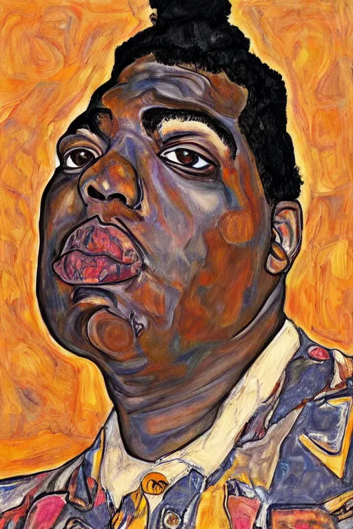 Image similar to a portrait of biggie small in style of egon schiele, masterpiece, hyperdetailed, complex, intricate, photorealistic!!, 4 k, trending on artstation