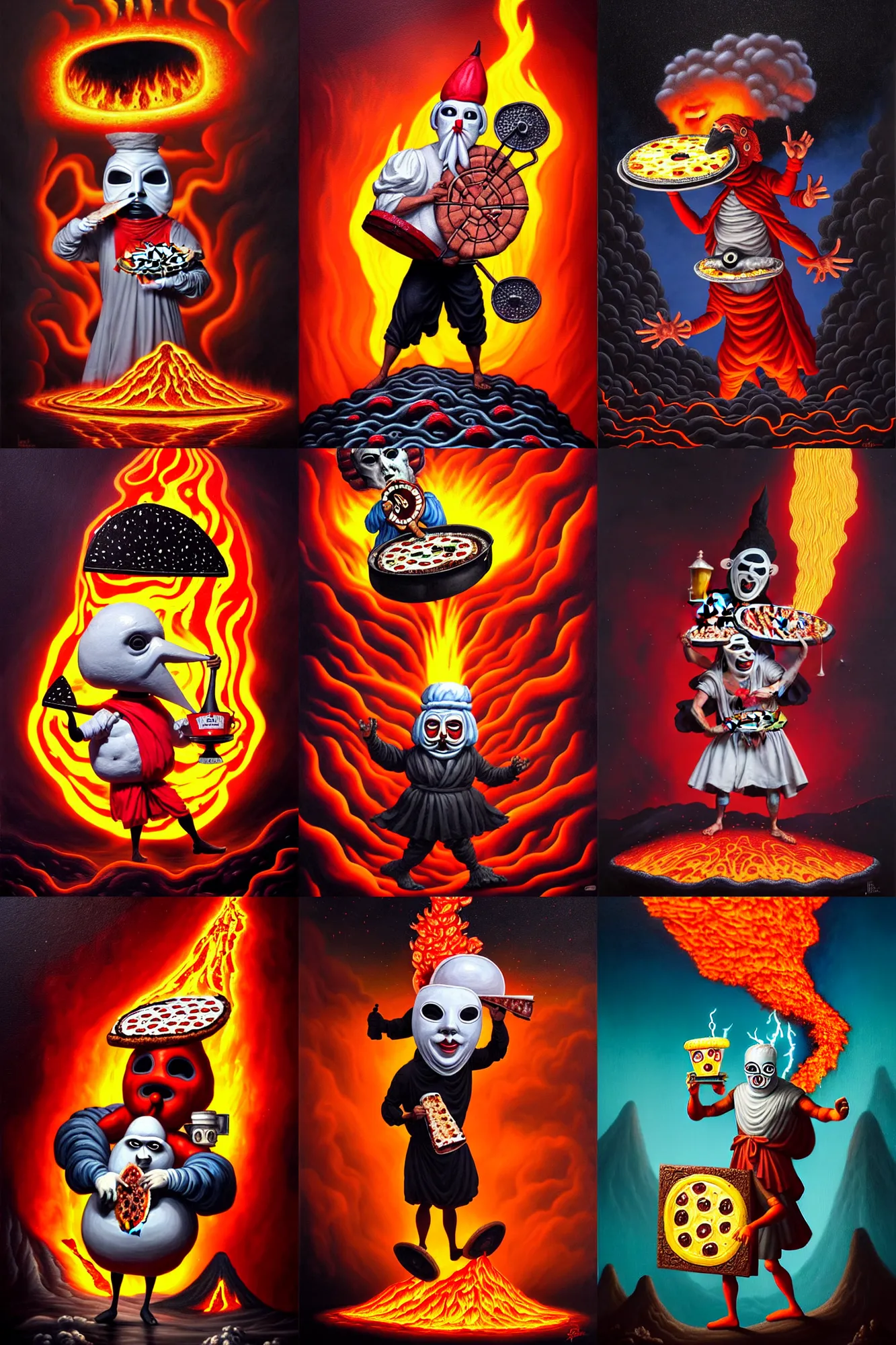 Image similar to an extremely detailed pulcinella like character wearing a mask holding a large pizza in front of a volcano spewing lava and black smoke, from below, streams of glowing hot lava, flashes of lightning in the distance, wide shot, long shot, an ultrafine detailed painting by joe fenton, deviantart, pop surrealism, whimsical