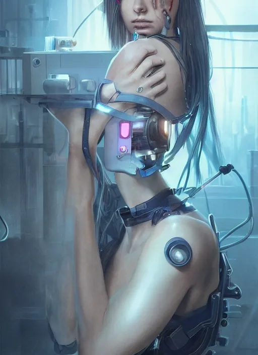 Image similar to Ultra realistic cyborg extreme beautiful woman in a chemical laboratory, cyberpunk,sci-fi, fantasy,Kodak , soft light, volumetric lighting, ,night, fog , intricate, elegant, highly detailed, digital painting, artstation, concept art, smooth, sharp focus, illustration,art by artgerm and greg rutkowski and alphonse mucha