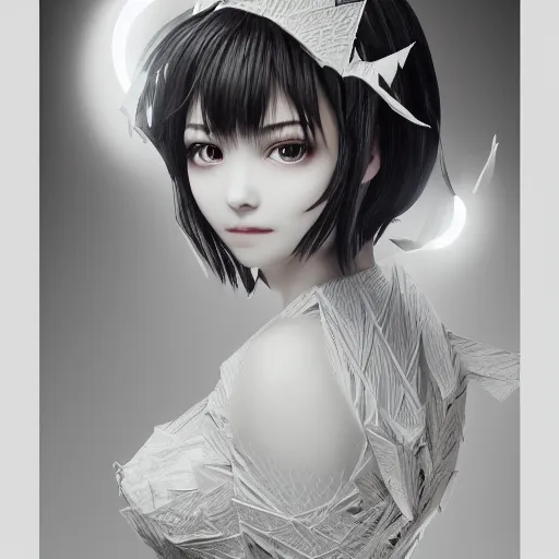 Prompt: the portrait of an absurdly beautiful, elegant, gravure idol made of white paper origami cranes, hyperrealistic illustration by iralki nadar, extremely detailed intricate linework, detailed faces, smooth, super sharp focus, bright colors, high contrast, matte, octopath traveler, unreal engine 5 highly rendered, global illumination, radiant light