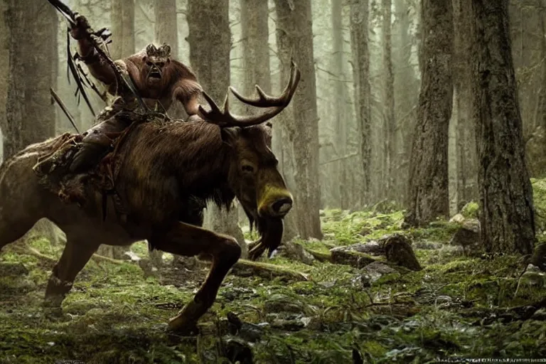 Image similar to vfx movie closeup detailed ancient warrior orc hunting elk in the forest, natural lighting by emmanuel lubezki