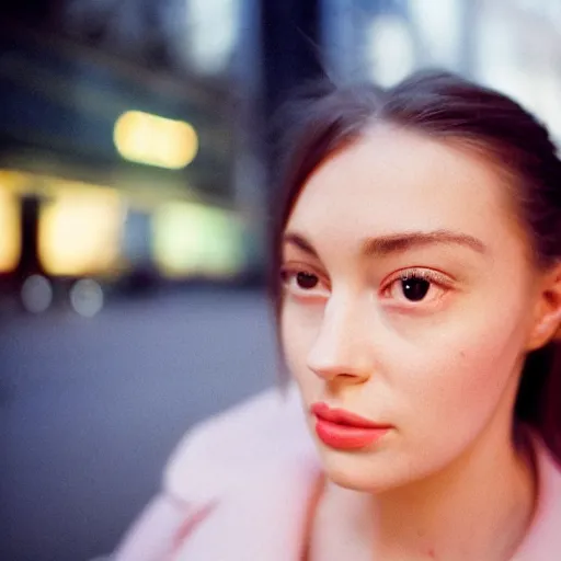 Prompt: analog head and shoulders frontal face portrait photography of a beautiful woman in london. zeiss 3 5 mm lens. kodak portra 8 0 0 film photography. pastel lighting soft colors. popular on instagram. depth of field. heavy film grain. realistic. detailed. hq. filmic. dreamy. lens flare. in - focus