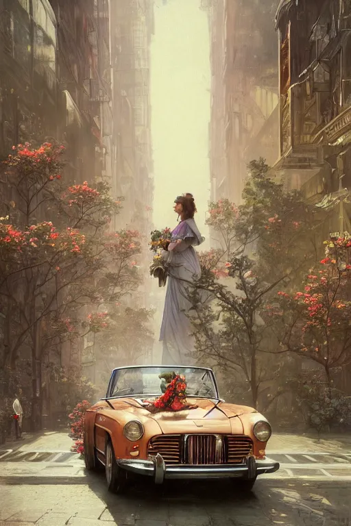 Image similar to ultra realistic illustration, old vintage car in the city with flowers blooming out the window, elegant, highly detailed, digital painting, concept art, smooth, sharp focus, illustration, art by greg rutkowski and alphonse mucha