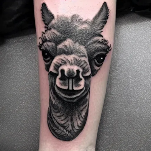 Prompt: tattoo idea of a alpaca face on a green leaf