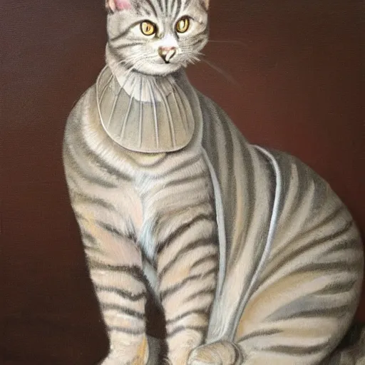 Prompt: anthromorphic grey tabby cat in elizabethan collar clothing detailed oil painting 4k