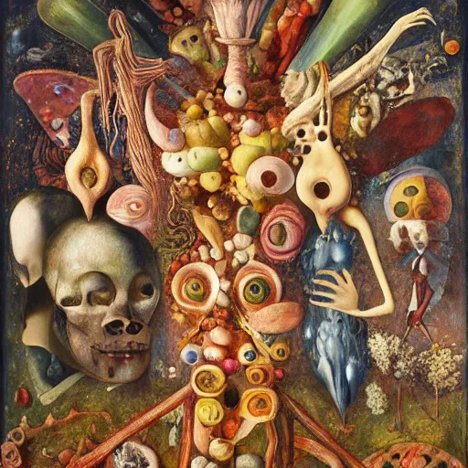 Image similar to an oil painting by arcimboldo, by georgia o keeffe, by botticelli, by giger, by frank frazetta, by gustave moreau, by seurat, seen through a kaleidoscope, vanity, broken, nerve system, medical, jewels, nebula, space, tonalism, merged