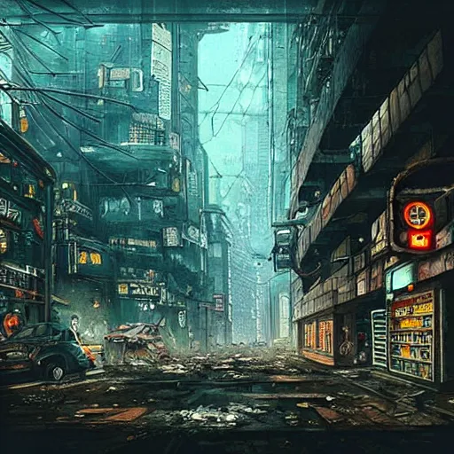 Dystopian Cyberpunk City Street Scene Halls Of Dirty Stable