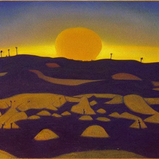 Prompt: Sunrise over the bone filled lands. Dark flower. Painting by Harald Sohlberg