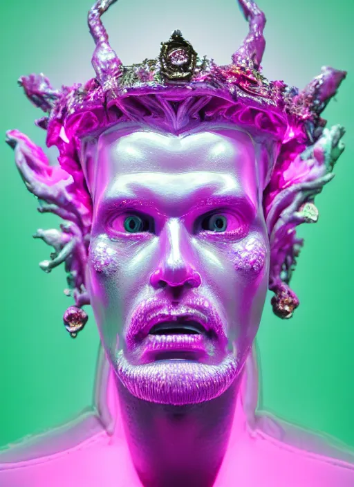Prompt: photo of baroque and bladerunner delicate neon diamond sculpture of ceramic albino king santiago cabrera seductive delicious tongue sticking out, creamy pink iridescent humanoid deity wearing red furry hoody holding diamond skull in a green metallic dungeon, reclining, glowing rainbow face, crown of white diamonds, cinematic lighting, photorealistic, octane render 8 k depth of field 3 d