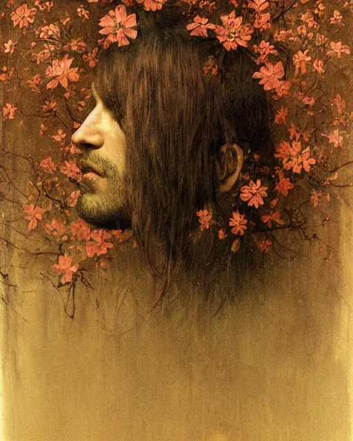 Image similar to a beautiful but sinister and creepy man in layers of fear, with haunted eyes, violence in his eyes, 1 9 7 0 s, seventies, delicate embellishments, a little blood, woodland, moonlight shining on wildflowers, painterly, offset printing technique, by alexandre cabanel