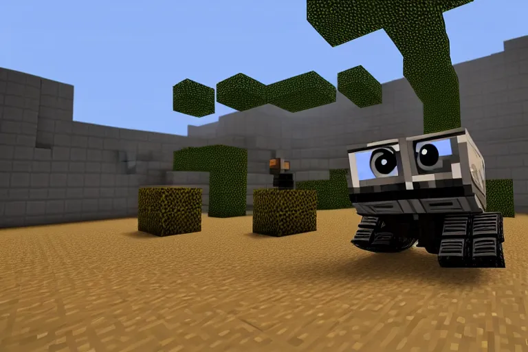 Prompt: wall - e in minecraft, heavy detailed, ultra high definition quality, minecraft game engine graphics