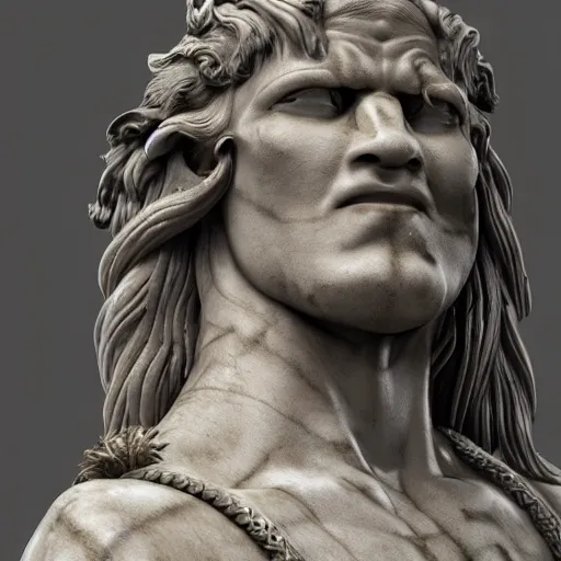 Image similar to Conan the barbarian as gloriously ornate ancient marble statue, realistic, cinematic volumetric, hyper detailed, high octane 3D render