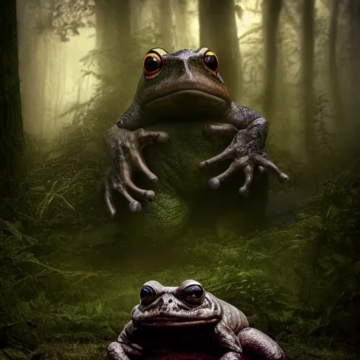 Prompt: giant evil monsterous toad in the forest, toads, foggy, atmospheric, highly detailed, hyperrealistic, gothic horror, trending on artstation, digital art, dark fantasy
