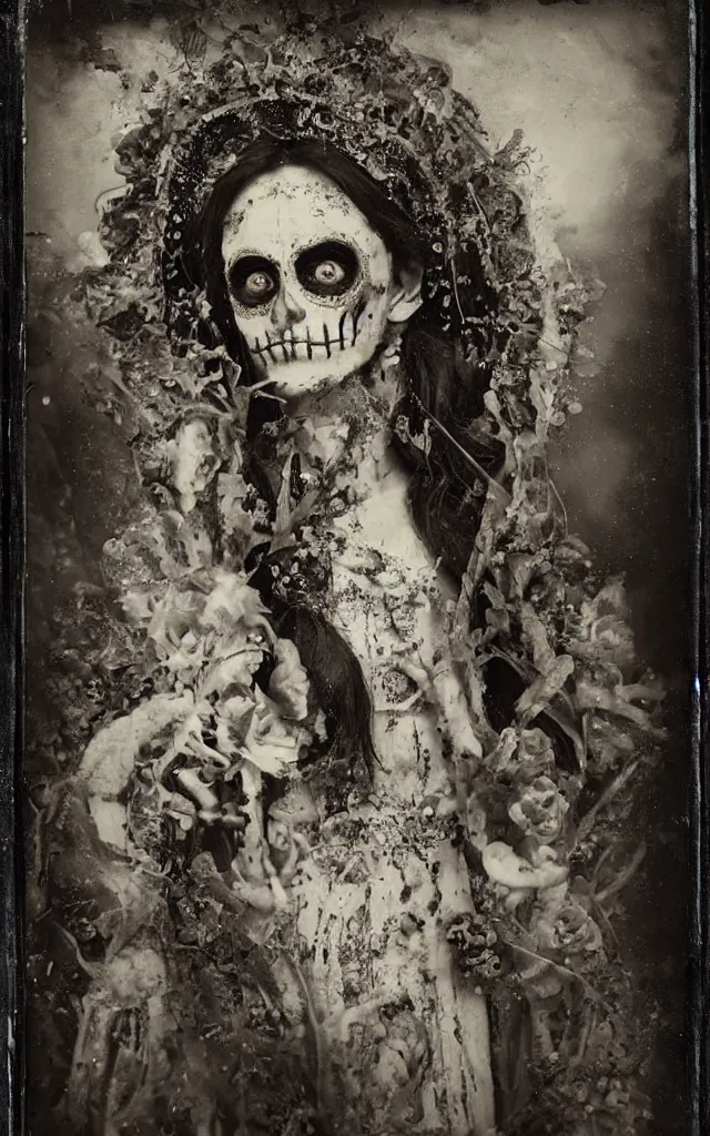 Image similar to tintype full body view, virgin mary in dia de muertos dress and make up, horrific beautiful vibe, evocative, atmospheric lighting, painted, intricate, highly detailed,