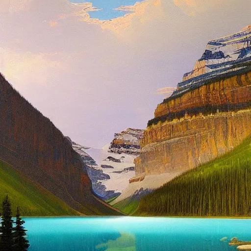 Prompt: Lake Louise in Banff National park, beautiful detailed landscape painting in the style of 19th century Hudson River school of Art