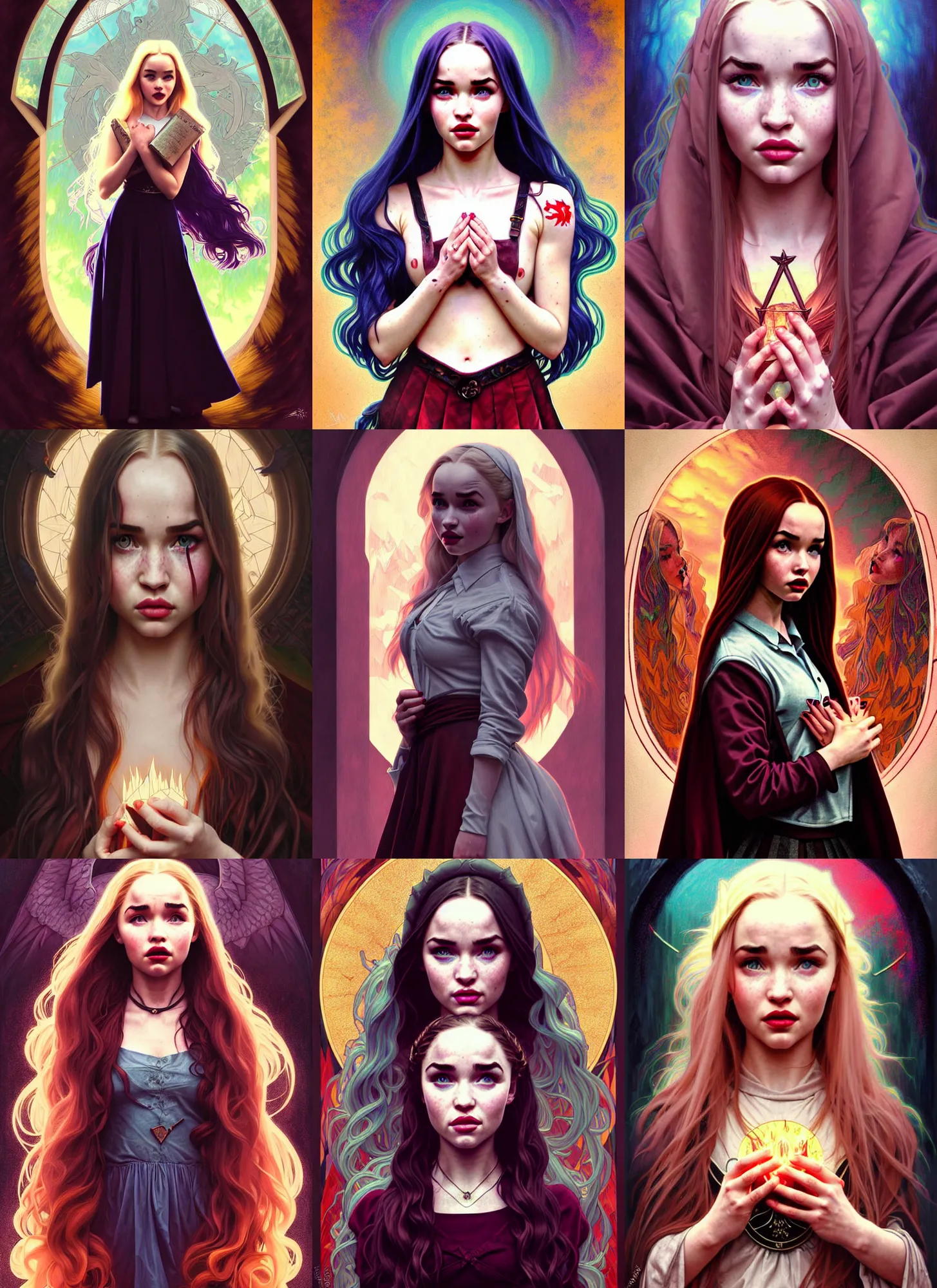 Prompt: a mix of dove cameron and megan fox and emilia clarke as a schoolgirl from hell initiating the dark ritual, rorsach path traced, highly detailed, high quality, digital painting, alena aenami, lilia alvarado, shinji aramaki, karol bak, alphonse mucha, tom bagshaw