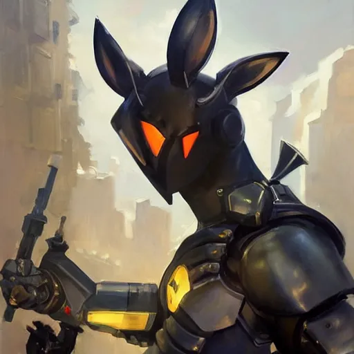 Image similar to greg manchess portrait painting of partially armored umbreon as overwatch character, medium shot, asymmetrical, profile picture, organic painting, sunny day, matte painting, bold shapes, hard edges, street art, trending on artstation, by huang guangjian, gil elvgren, ruan jia, greg rutkowski, gaston bussiere