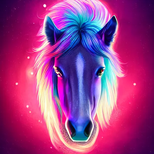 Prompt: digital horse, retrowave palette, highly detailed, anatomically correct equine, synth feel, smooth face, ear floof, flowing mane, no reins, super realism, accurate animal imagery, soft fur, 4 k digital art