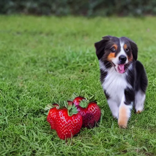 Image similar to a mini australian shepard wearing rubber boots! while picking strawberries