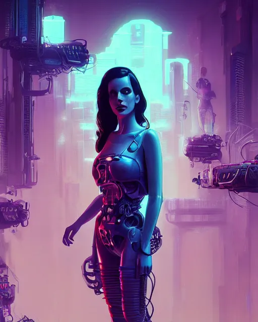 Image similar to portrait of lana del rey as a cyberpunk cyborg. roses, sci - fi, missing panels, intricate abstract, upper body, intricate artwork, by tooth wu, wlop, beeple, dan mumford. concept art, 8 k octane render, deviantart, greg rutkowski, cinematic, key art, hyperrealism, iridescent accents