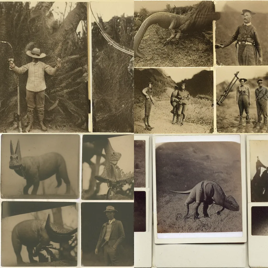 Prompt: polaroids from the dinosaur hunting expedition 1908