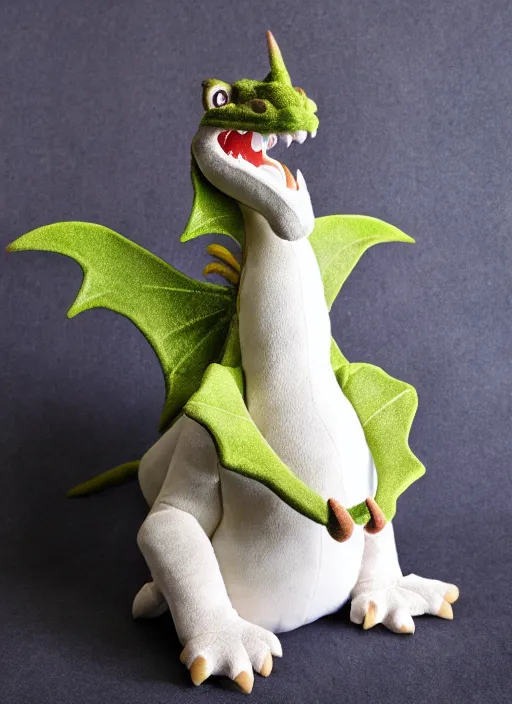 Image similar to a dragon plush. beautifully made, detailed, cute, soft. high quality, studio lighting, product image