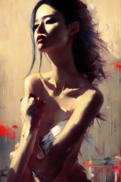 Image similar to hoyeon jung by greg rutkowski, jeremy mann, francoise nielly, van gogh, ross tran, rule of thirds, seductive look, beautiful