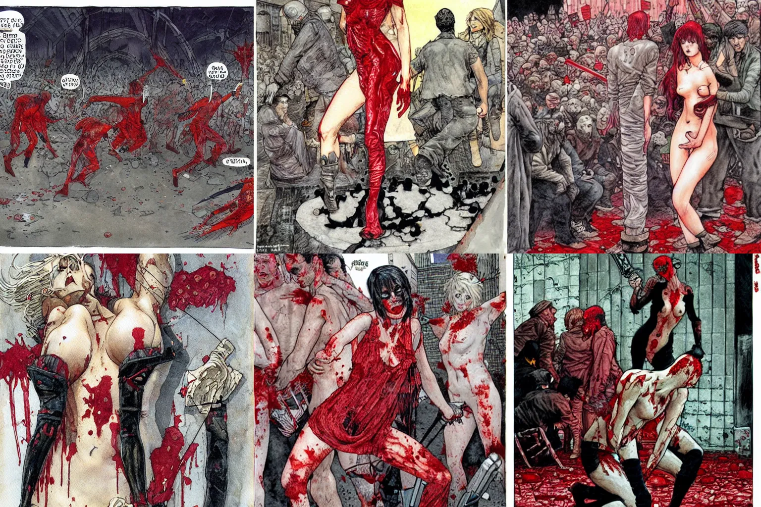 Prompt: blood flood and anarchy. painting by milo manara