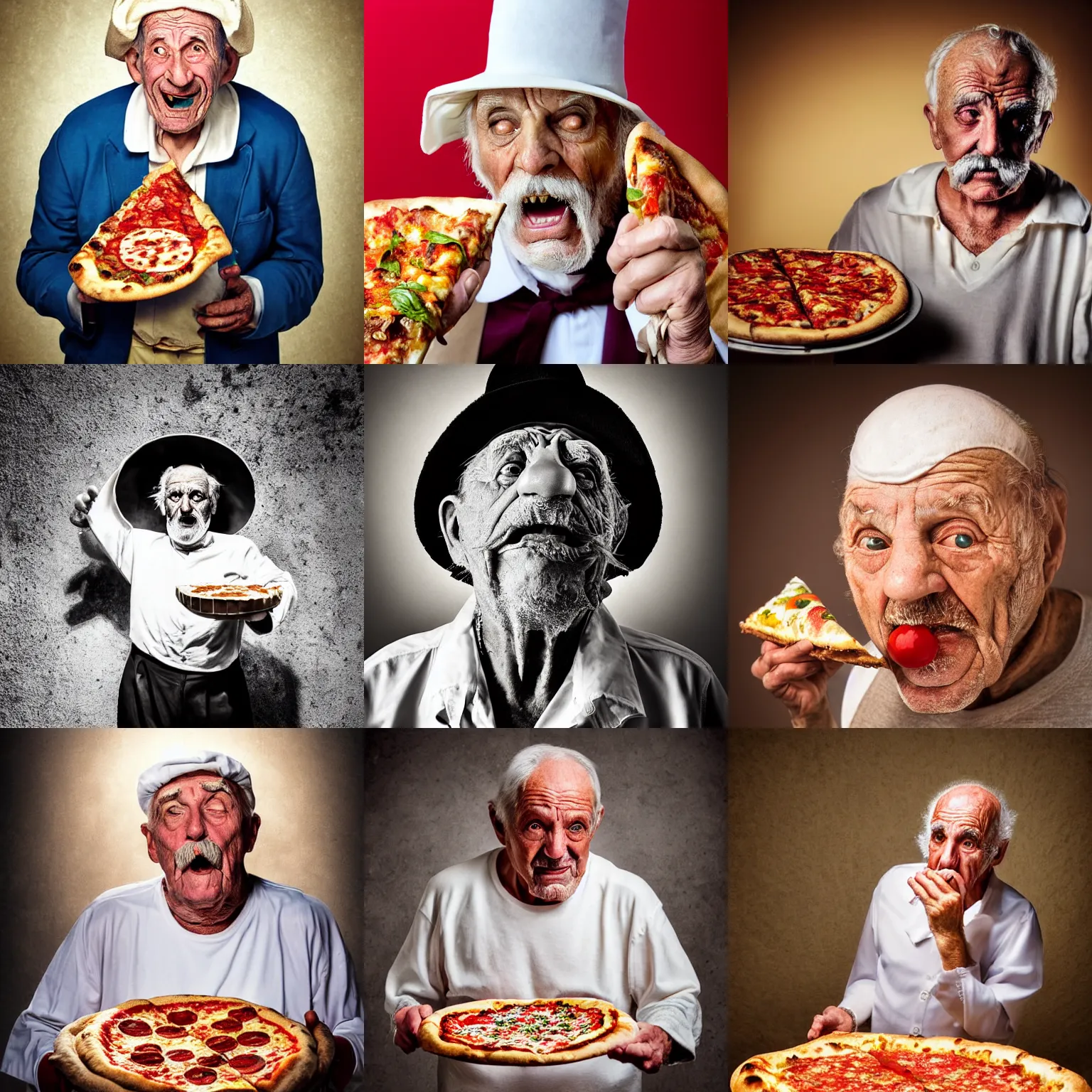 Prompt: portrait photo of wrinkled old man who looks like italian pulcinella by maurice sand, gaping over a pizza margherita, defensive look, dramatic backlight, full body, sharp focus, highly detailed photo by eric lafforgue, masterpiece, trending on deviantart