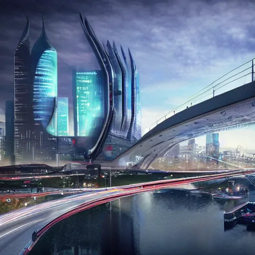 Image similar to view on vansu bridge in riga in year 2 1 0 0, futuristic, cyberpunk