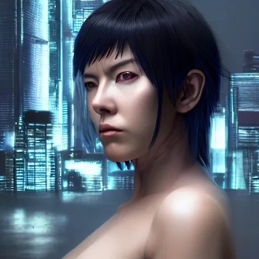 Prompt: a ghost in the shell inspired portrait of a woman 4k photorealistic, volumetric lighting, HD, high details, dramatic, trending on artstation