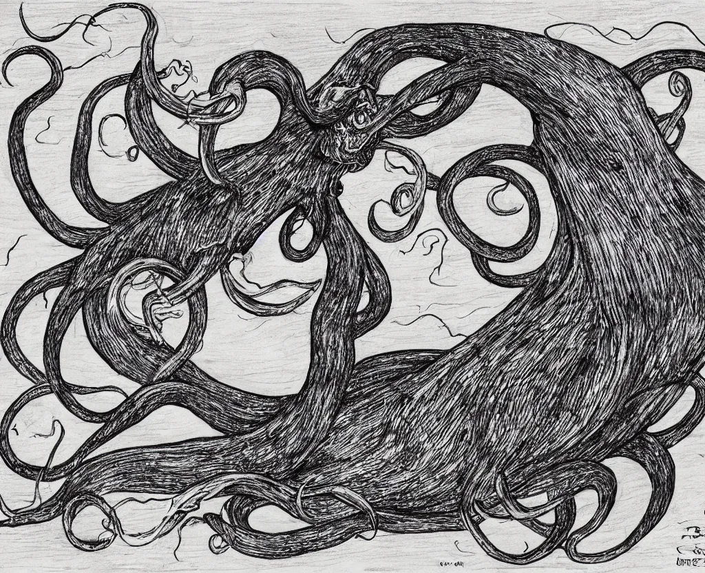 Image similar to a drawing of a giant squid with evil tentacles reaching all around the world, in the style of edward gorey