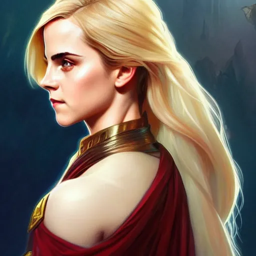 Image similar to Blonde Emma Watson as Super Girl, western, D&D, fantasy, intricate, elegant, highly detailed, digital painting, artstation, concept art, matte, sharp focus, illustration, art by Artgerm and Greg Rutkowski and Alphonse Mucha