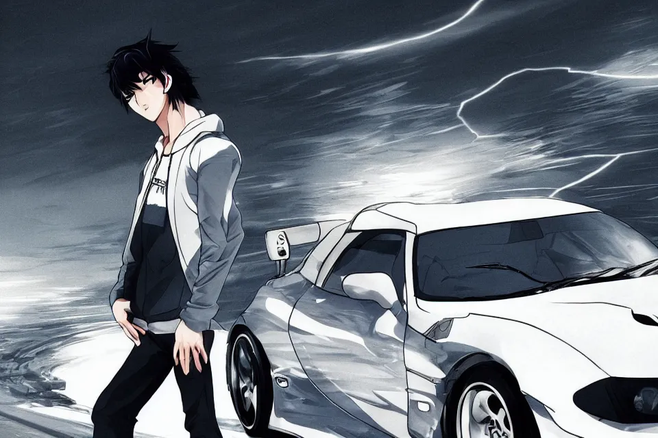 Prompt: aesthetic detailed illustration of ryosuke takahashi with black hair, standing by his white glossy mazda rx 7 on an empty highway at sunrise, cinematic lighting, initial d anime 1 0 8 0 p, detailed anime face, high detail, 9 0 s anime aesthetic, volumetric lights, rule of thirds, unreal engine 5 render, pinterest wallpaper, trending on artstation