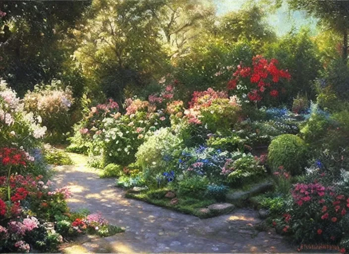 Image similar to oil painting by james gurney of a secret garden, some edges lost, high contrast, subtle tones, calm, serene landscape, beautiful detailed garden painting