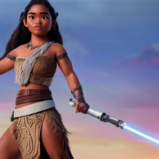 Prompt: starwars moana hyper - realistic, very detailed, intricate, very sexy pose, slight smile expression, unreal engine, by artgerm, wlop and ross thran, dramatic cinematic lighting rendered by octane, 8 k, detailed