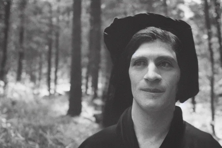 Prompt: vintage kodak film photography from 7 0 s with pro mist filter, close - up man in black robe portrait, forest, in style of joel meyerowitz