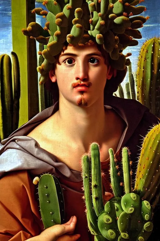 Image similar to renaissance painting of evil men, portrait, face closeup, emotions closeup, dressed in spartan armour, the beautiful garden with cactus everywhere, ultra detailed, art by guido reni style, vincenzo catena style