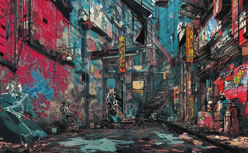 Prompt: a photograph of Japanese graffiti art in 1977, dramatic masterpiece by Beeple, James Jean, Jamie Hewlett, Metal Slug concept art, Metal Gear Solid concept art, Silent Hill concept art, 4k wallpaper, surrealism