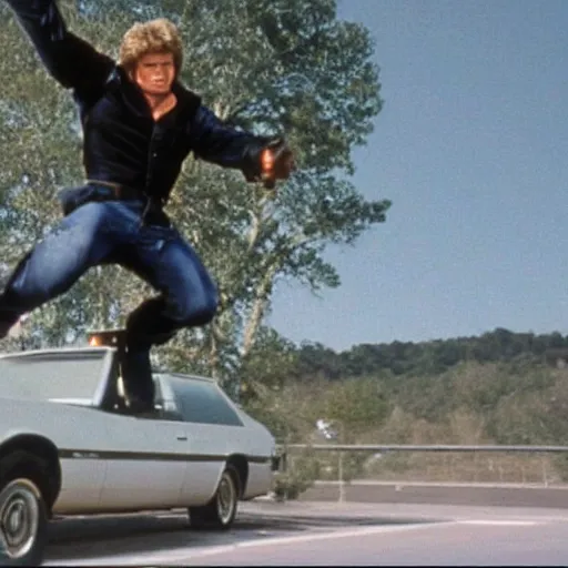 Image similar to movie still of the knight rider jumping over a truck